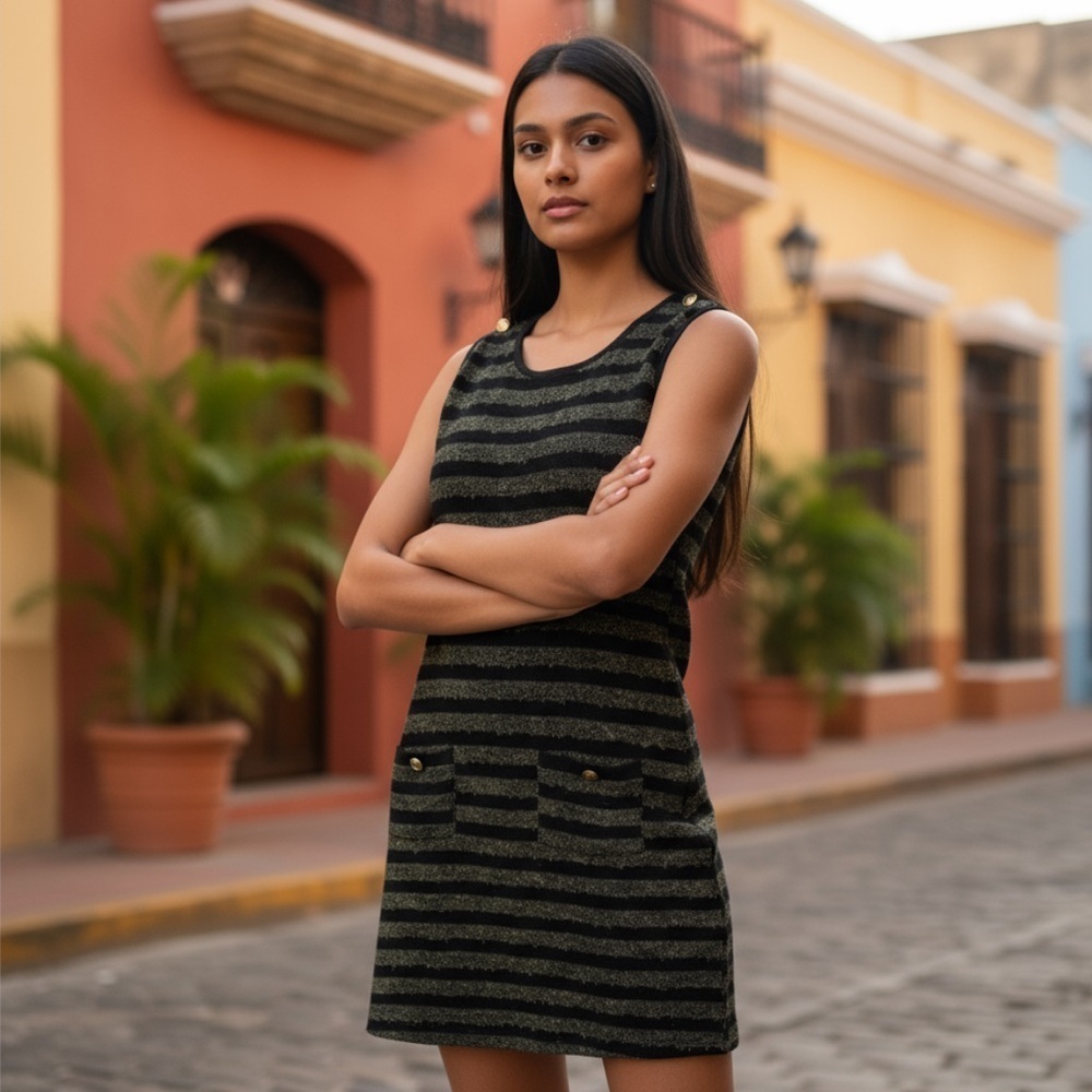 Monteau striped dress black & gray front pocket l
